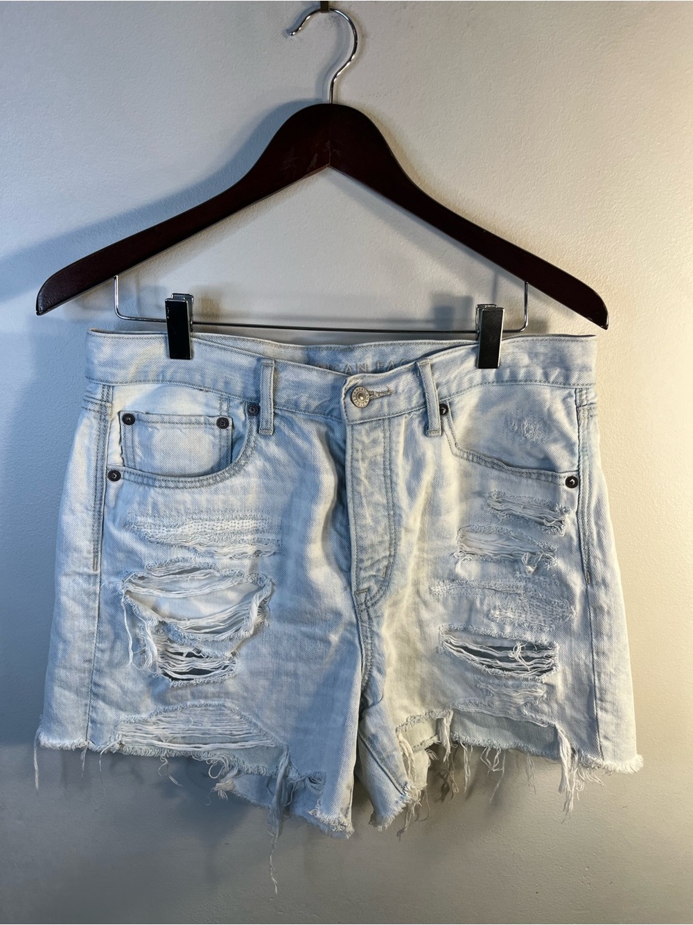 American Eagle Outfitters Light Blue Distressed Denim Shorts 90’s Boyfriend